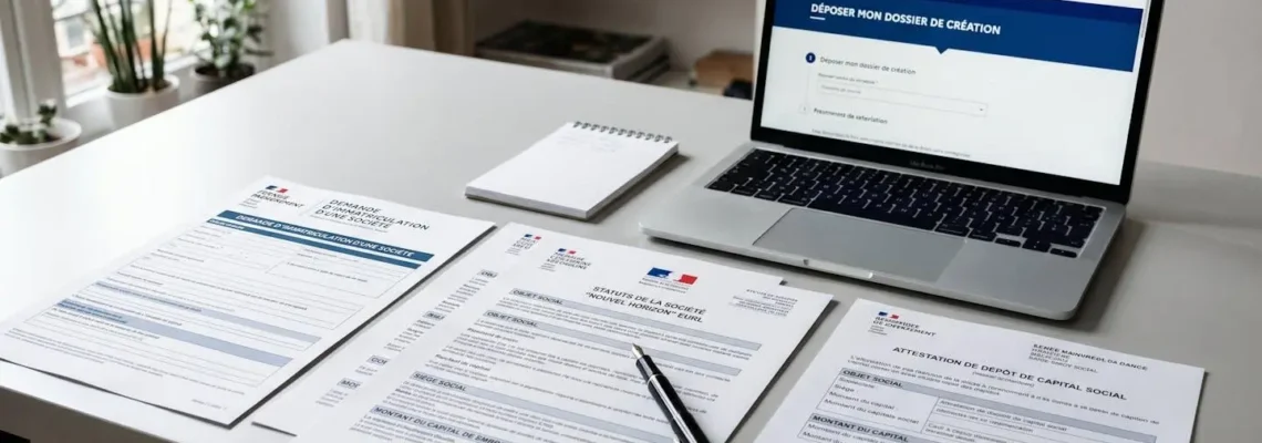 Bureau professionnel avec documents administratifs français pour création d'entreprise étalés sur desk, formulaire INPI visible avec logo officiel, attestation de dépôt de capital, ordinateur portable affichant le site formalites.entreprises.gouv.fr