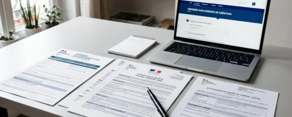 Bureau professionnel avec documents administratifs français pour création d'entreprise étalés sur desk, formulaire INPI visible avec logo officiel, attestation de dépôt de capital, ordinateur portable affichant le site formalites.entreprises.gouv.fr