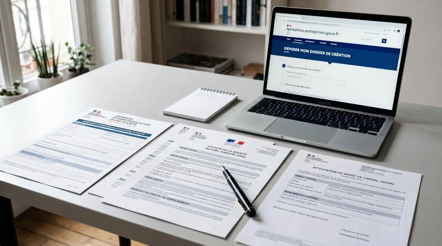 Bureau professionnel avec documents administratifs français pour création d'entreprise étalés sur desk, formulaire INPI visible avec logo officiel, attestation de dépôt de capital, ordinateur portable affichant le site formalites.entreprises.gouv.fr