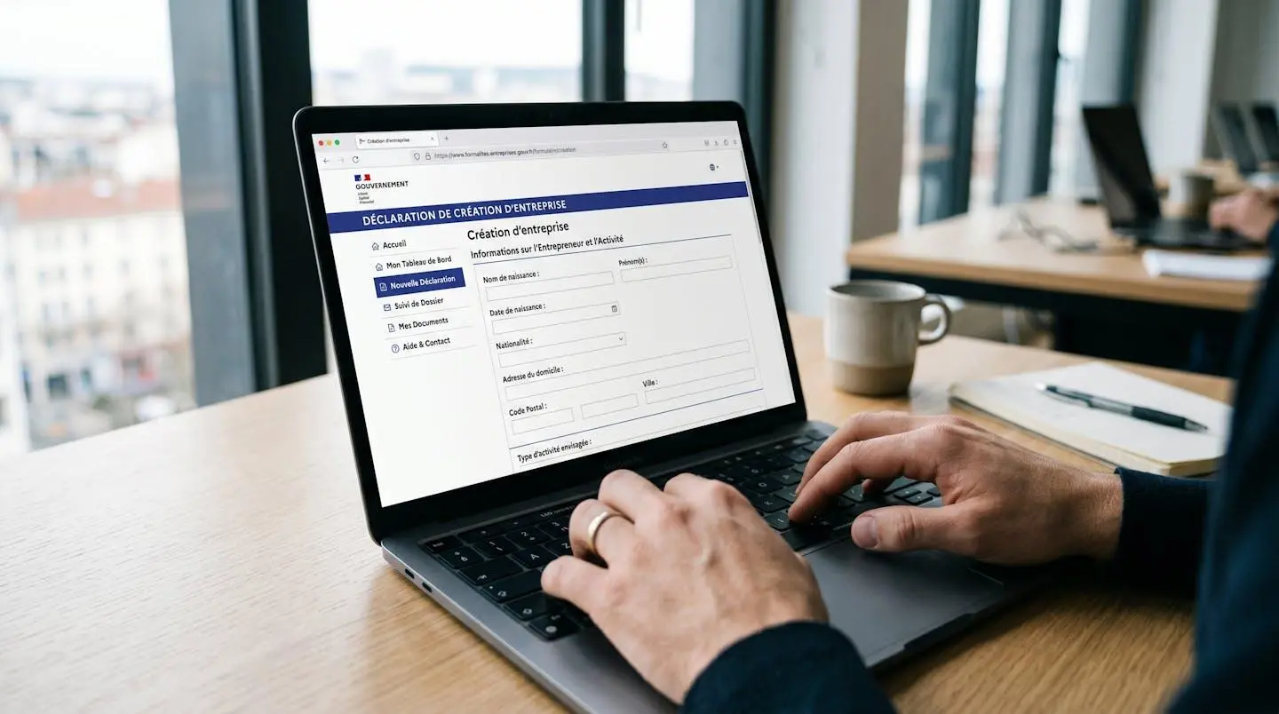 Écran d'ordinateur portable affichant l'interface du Guichet unique INPI formalites.entreprises.gouv.fr avec formulaire de création d'entreprise en cours de remplissage, mains tapant au clavier