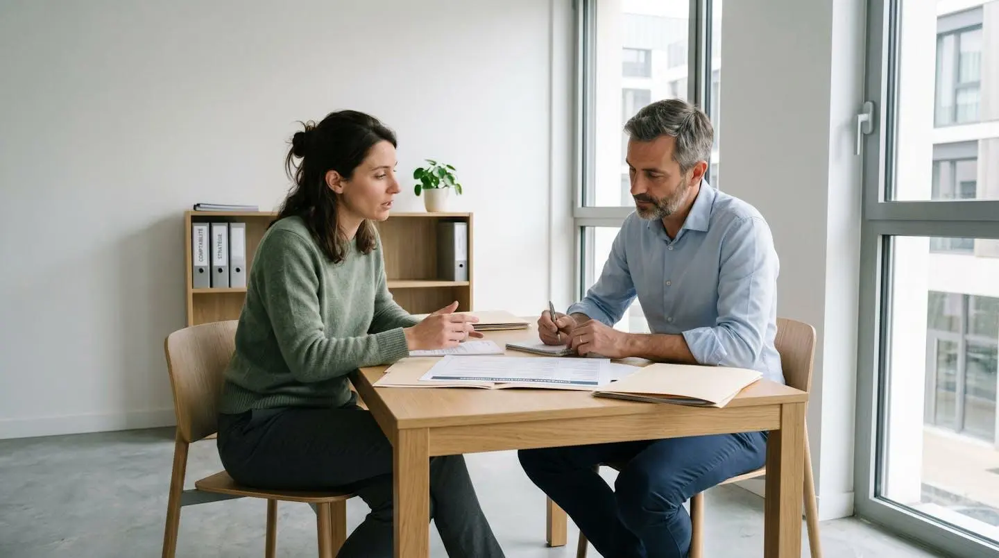 Entrepreneuse française consultant un conseiller professionnel dans bureau moderne, documents comparatifs SARL et SAS étalés sur table en bois lors d'une séance de conseil juridique