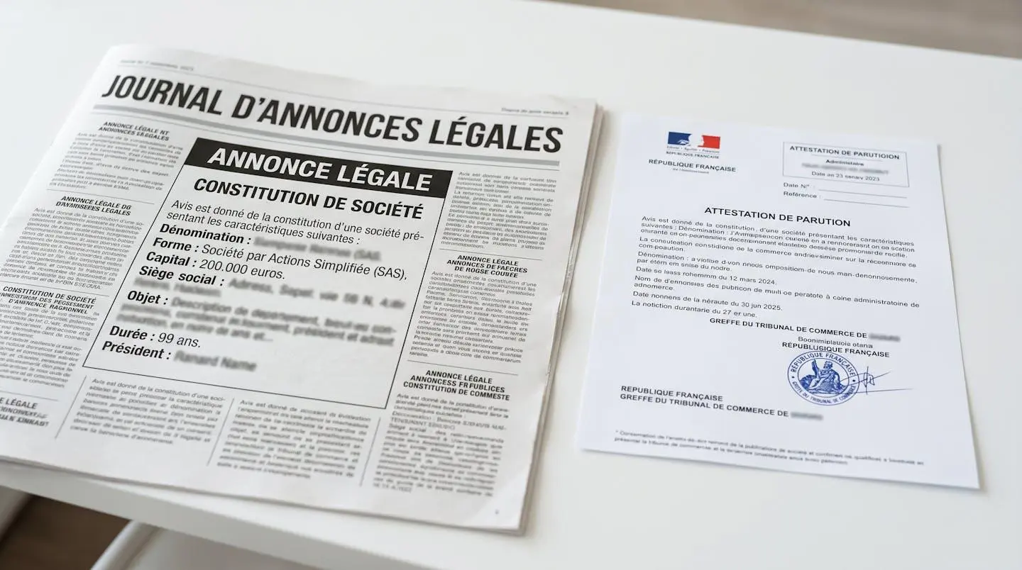 Journal d'annonces légales français ouvert sur page officielle de constitution de société, attestation de parution avec tampons officiels posée à côté sur bureau blanc