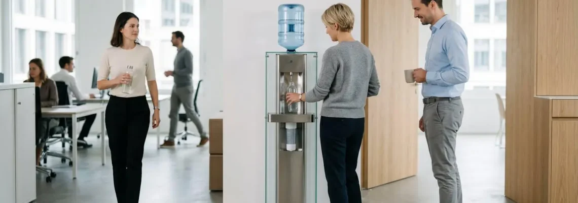 Bureau moderne avec fontaine à bonbonne d'eau professionnelle, plusieurs salariés s'hydratant pendant leur pause