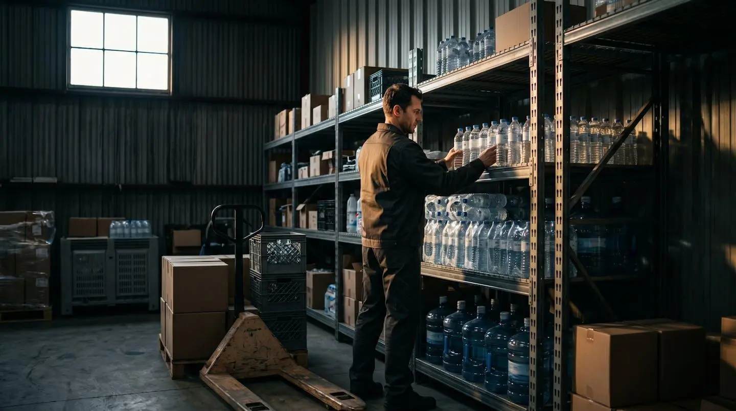 Espace de stockage professionnel avec bonbonnes d'eau organisées et livreur gérant l'approvisionnement