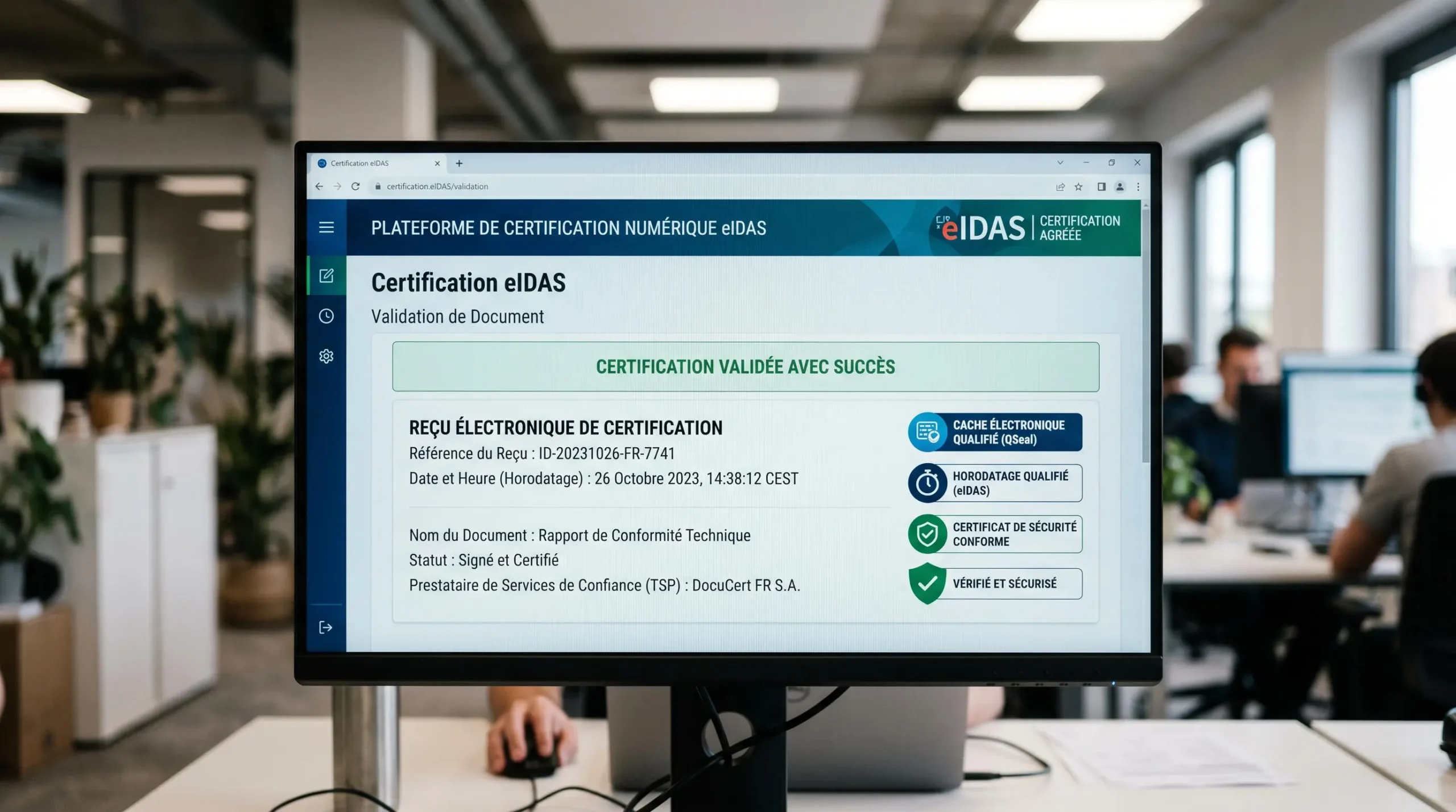 Interface de certification eIDAS affichant l'horodatage et l'accusé de réception d'une lettre recommandée électronique