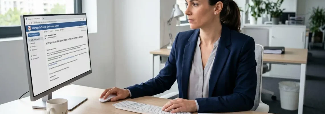 Professionnel consultant une interface de lettre recommandée électronique sur son ordinateur pour effectuer une résiliation contractuelle, documents officiels disposés sur un bureau contemporain