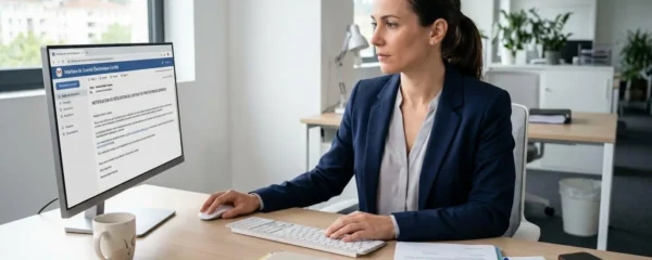 Professionnel consultant une interface de lettre recommandée électronique sur son ordinateur pour effectuer une résiliation contractuelle, documents officiels disposés sur un bureau contemporain